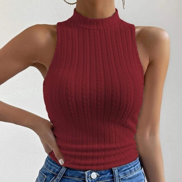 Fitted Ribbed Knit Mock Neck Tank Top - Picture 3 of 5